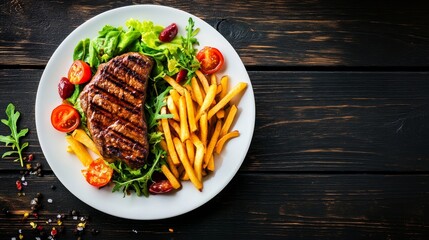 grilled beef steak with fries and salad on a white plate