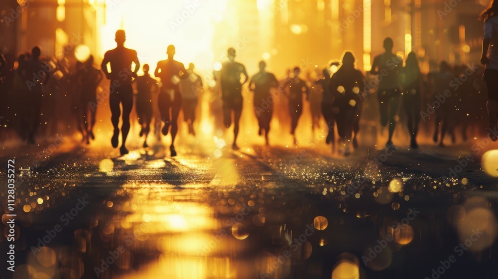 Poster hazy silhouettes sprint towards the finish line driven by the cheers of the city crowd.