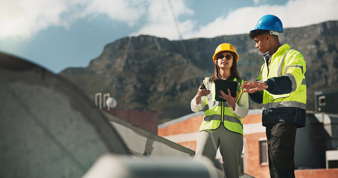 Woman, man and engineering with air conditioning on roof, discussion and tablet for inspection in city. People, technician and partnership with review for hvac repair, planning or application in town