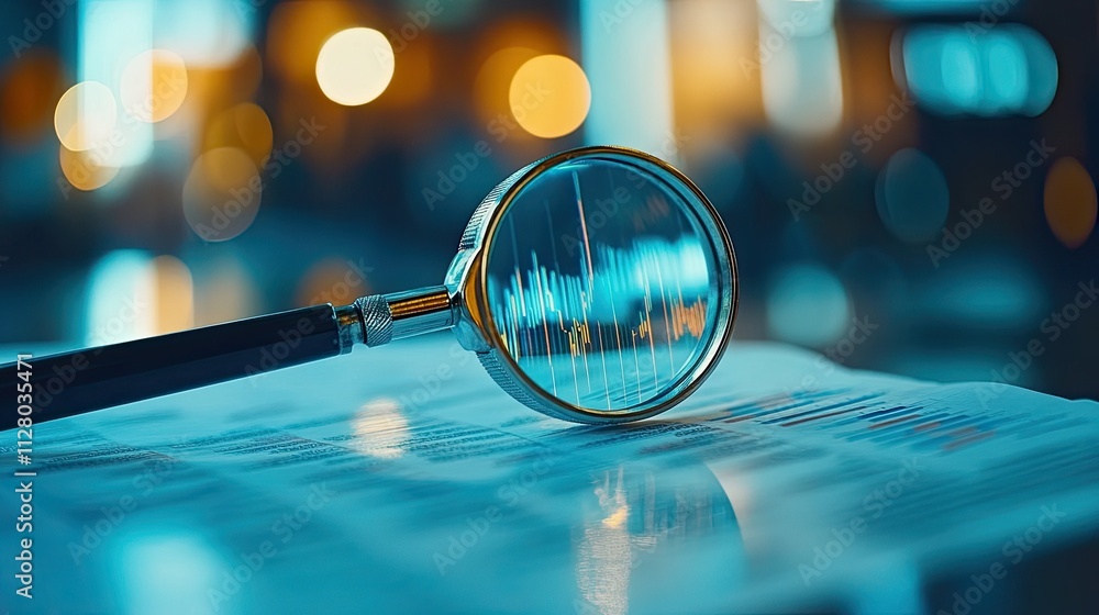 Poster a magnifying glass that highlights data analysis is placed on financial documents that contain chart