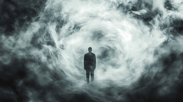 A lone figure, standing amidst a swirling vortex of steam, appears to melt and dissolve, creating a fleeting and illusory image. Illusory. Illustration