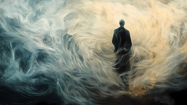 A lone figure, standing amidst a swirling vortex of steam, appears to melt and dissolve, creating a fleeting and illusory image. Illusory. Illustration