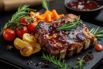 Glazed pork ribs with roasted vegetables and sauce.