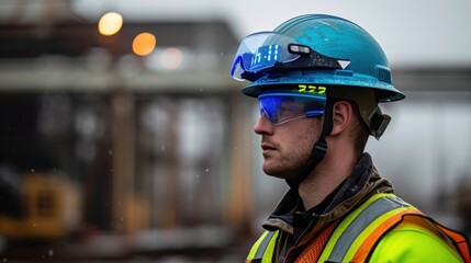 A worker wearing a smart hard hat equipped with sensors that can measure temperature and air quality providing realtime feedback and alerts on potential safety risks.