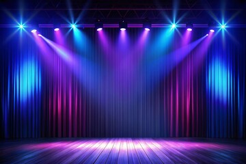 The dark stage shows, empty dark blue, purple, pink background, neon light, spotlights, The asphalt floor and studio room with smoke float up the interior texture for display products