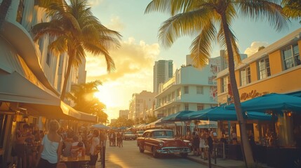 Downtown Miami buzzes with Art Deco architecture, palm trees, and vibrant street life at sunset.