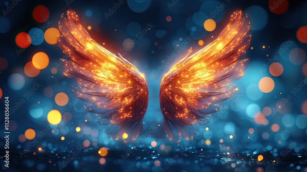 Poster a mysterious and ethereal ambiance is created by a pair of luminous, abstract angel wings that are e