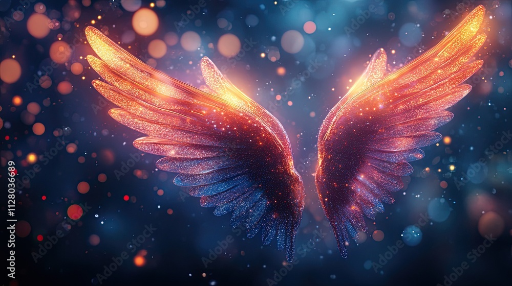 Poster a mysterious and ethereal ambiance is created by a pair of luminous, abstract angel wings that are e