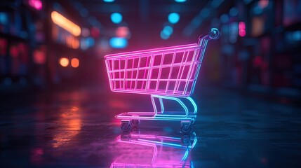 A neon shopping cart icon with glowing pink and blue lights on a dark backdrop 