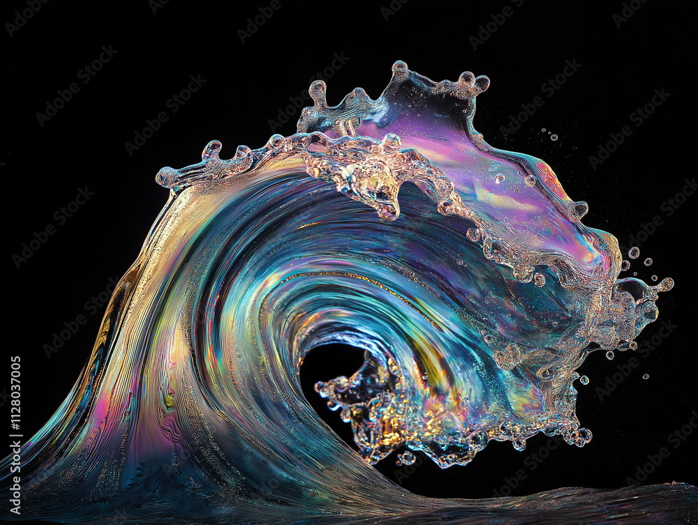 Poster 3d render of a fluid holographic abstract shape on a black background, featuring a metallic liquid w