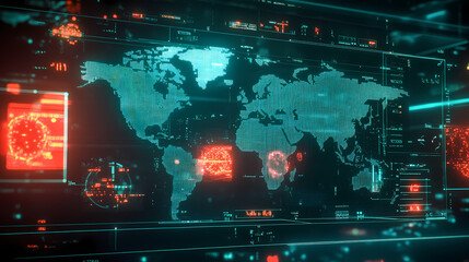 An illusory world map crisis virus spread pandemic warning sci-fi gui user interface futuristic lab monitor background 3d covid corona virus infected message hazard alert sign. Illusory. Illustration