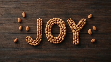 A playful arrangement of almonds forms the word "JOY," accentuated by almond-shaped punctuation, set against a rustic wooden backdrop.