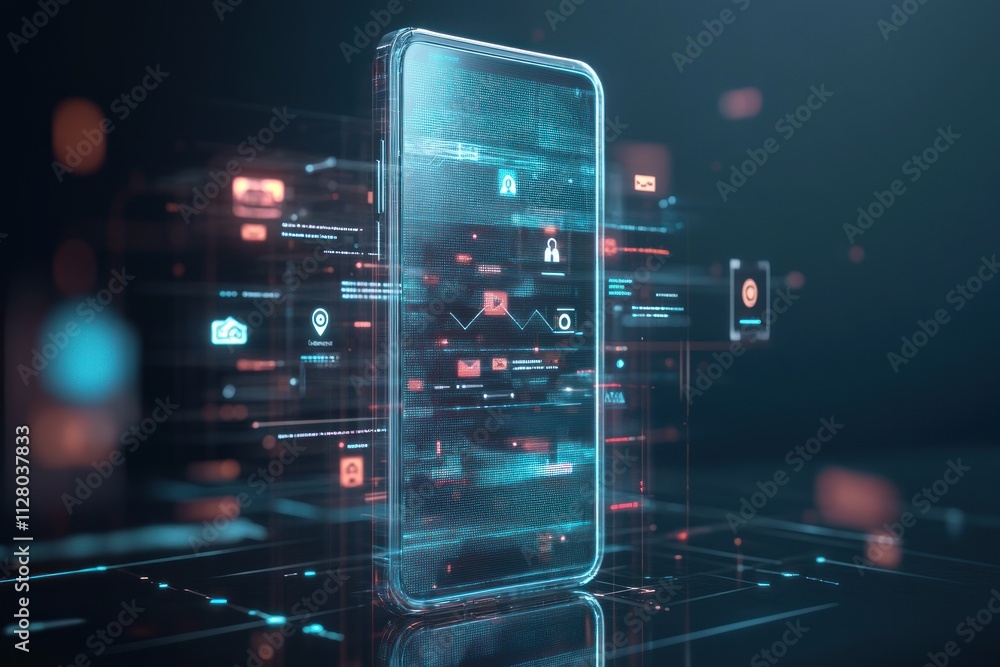 Poster futuristic smartphone displaying digital data and icons on a dark background.