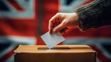 Vote Casting Hand with Ballot Paper and Blurred British Flag Background Emphasizing Democracy