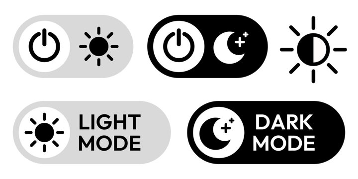 Day and night mode set icon. Sun, moon, dark, morning, weather, light, button, lamp, bulb symbol icons collection. Black and white vector illustration. Mobile apps or website screen brightness icon.