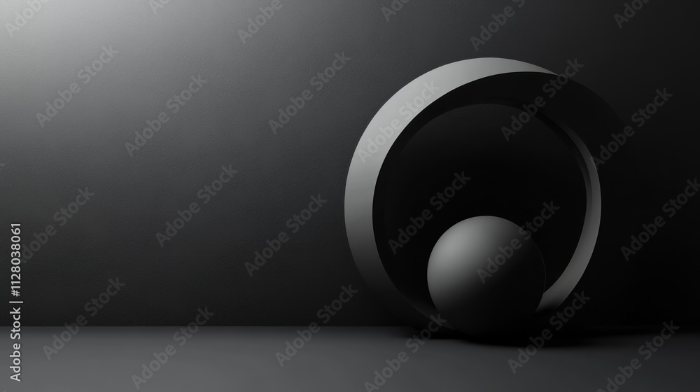 Poster dark abstract background with a sphere and ring.
