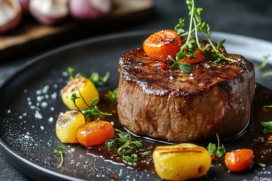 Grilled beef tenderloin steak with roasted vegetables and herbs on a dark plate.