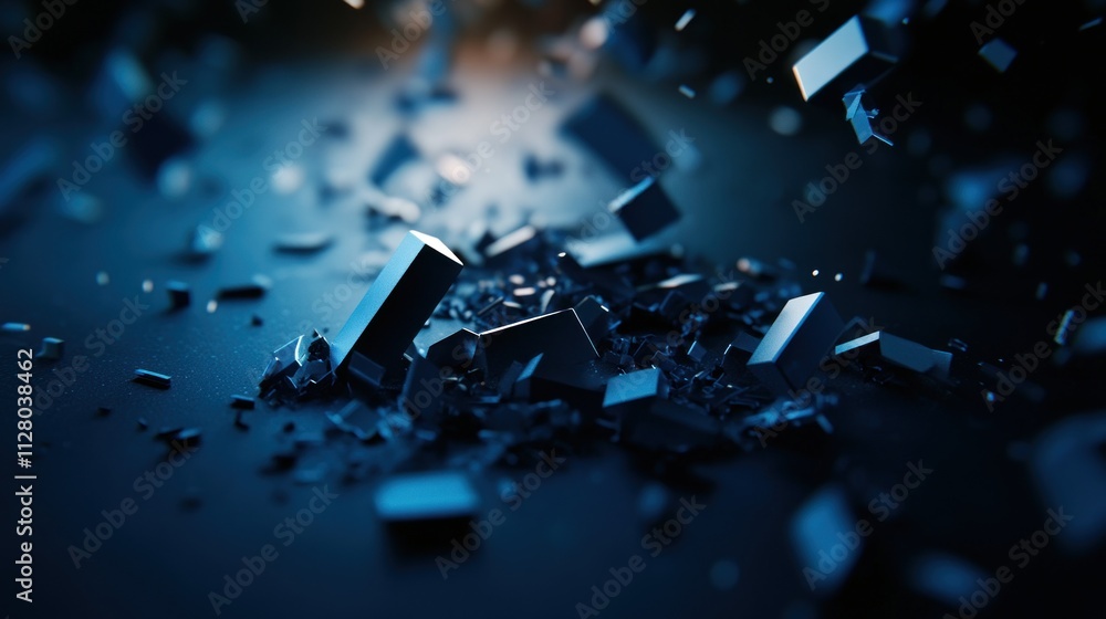Poster dark blue cubes shattering and exploding on dark surface.