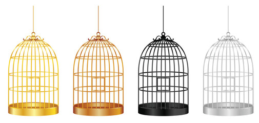 Set illustration of four elegant bird cages displayed in gold, bronze, black, and silver. Each cage features a simple, rounded design with a hanging hook at the top. Perfect for use in interior decor