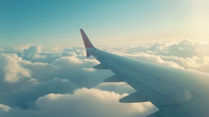 Wing of airplane flying above the clouds at sunset