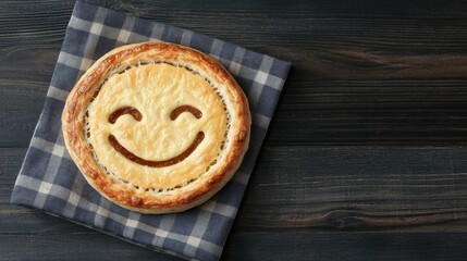 A cheerful, smiley face pie sits on a plaid napkin, evoking warmth and happiness against a rustic wooden background.
