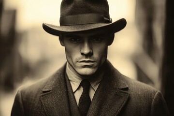 Vintage Portrait of a Caucasian Man in a Fedora Hat from the 1920s Nostalgic Style