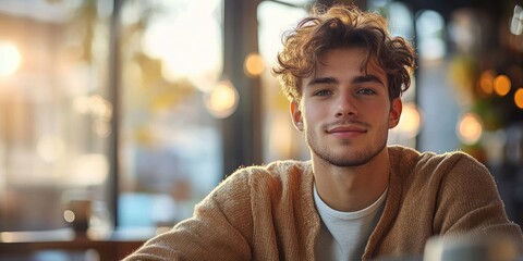 Young Man in Bright Café Interior with Natural Light and Contemplative Smile