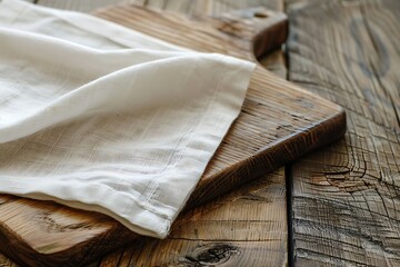Wooden cutting board and cotton flowers on a rustic wooden background