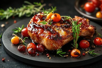 Grilled pork chop with glazed cherry tomatoes and herbs on a dark plate.
