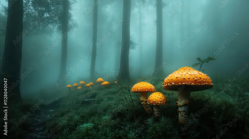 Poster a misty forest with glowing mushrooms and soft light filtering through the trees.