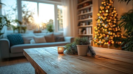 A wooden table in a living room with a window, sofa, bookshelf, Christmas tree, and decorations.