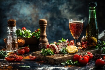 Grilled seafood platter with fresh vegetables and drink.