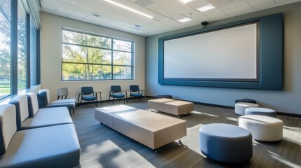 Modern conference room with large screen, comfortable seating, and natural light.