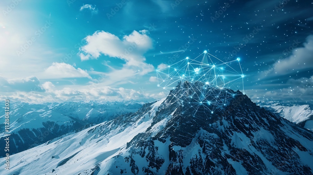 Poster Captivating photograph of a majestic mountain peak with a digital network overlay visually representing altitude levels and geographic data leaving ample copy space at the top for various use cases
