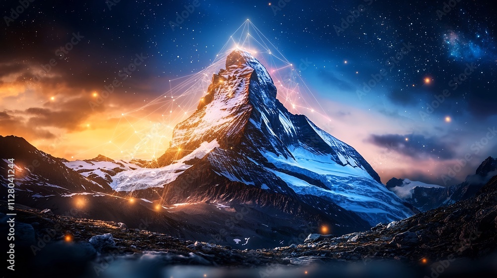 Poster breathtaking photograph of a majestic snow capped mountain peak with a digital network overlay visua