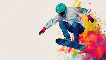 Dynamic skateboarder performing a vibrant airborne trick.