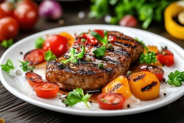 Grilled steak with vegetables on a plate.