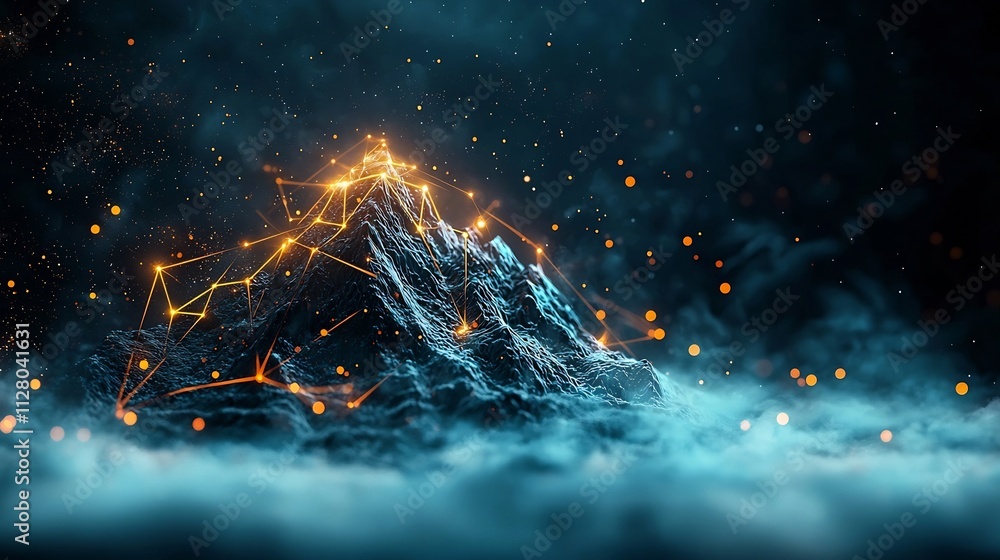 Poster a snow covered mountain peak overlaid with glowing lines representing altitude mapping and networked