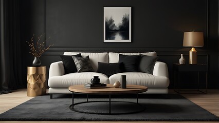 Asthetic composition of living room interior with modular sofa, black coffee table, white armchair, carpet, pouf, dark wall and personal accessories. Home decor. Template.
