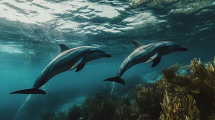 Obraz premium Two dolphins gracefully swimming underwater, surrounded by vibrant sea vegetation in clear blue waters.