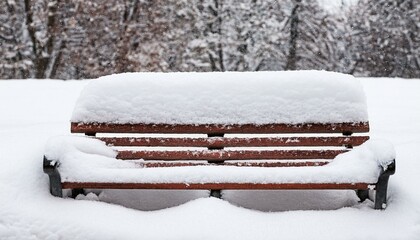 Snow piled up on a park bench.