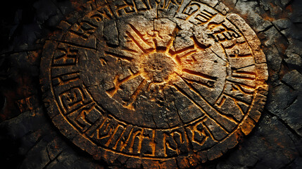 Obraz premium Runic stone texture background, ancient and mysterious runic engravings, norse and mystical backdrop, rare and enigmatic. runic. illustration. Runestone. Illustration