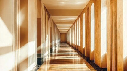 Sunlit Corridor With Arched Windows And Wooden Panels