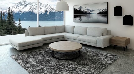 Modern Living Room With Mountain View And Sectional Sofa
