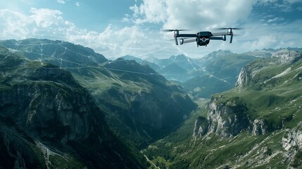Aerial photograph showcasing a drone s perspective of a majestic mountain range with digital lines connecting the peaks and highlighting elevation data