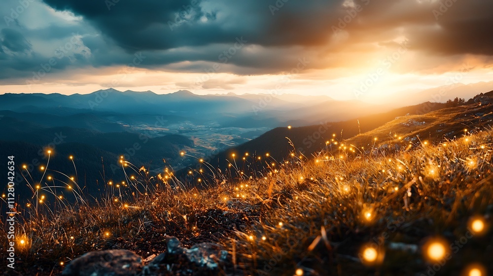 Poster breathtaking panoramic mountain landscape at dusk with a glowing network of nodes and altitude marke