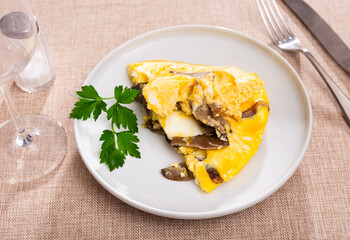 Scramble fried eggs omelet with mushrooms as menu concept healthy eating, top view.