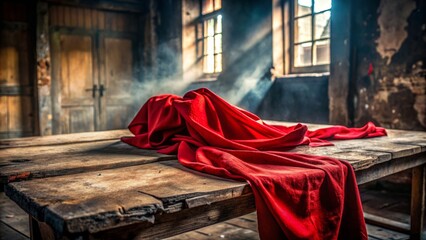 Abandoned Building Interior, Red Cloth, Wooden Table, Urban Exploration Photography, Decay, Mystery, Dark, Atmospheric