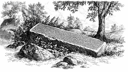 Obraz premium Vintage engraving, king harald rune stone of jelling denmark from the century. Runestone. Illustration