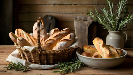 Freshly baked sourdough and baguettes in a basket, accented with rosemary and olive oil, in a rustic farmhouse setting.